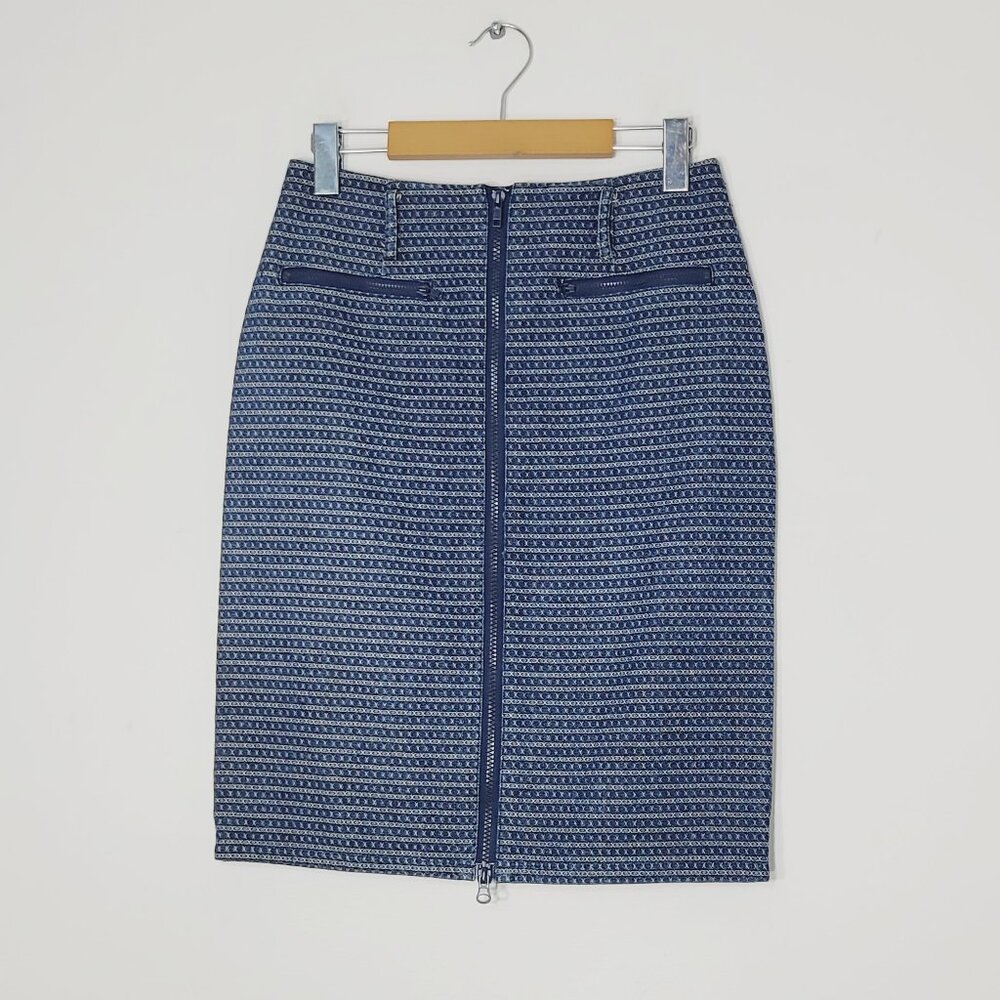 Bedo Blue Ivory 100% Cotton Front Pockets Zip-Up Business Pencil Skirt Size 3
